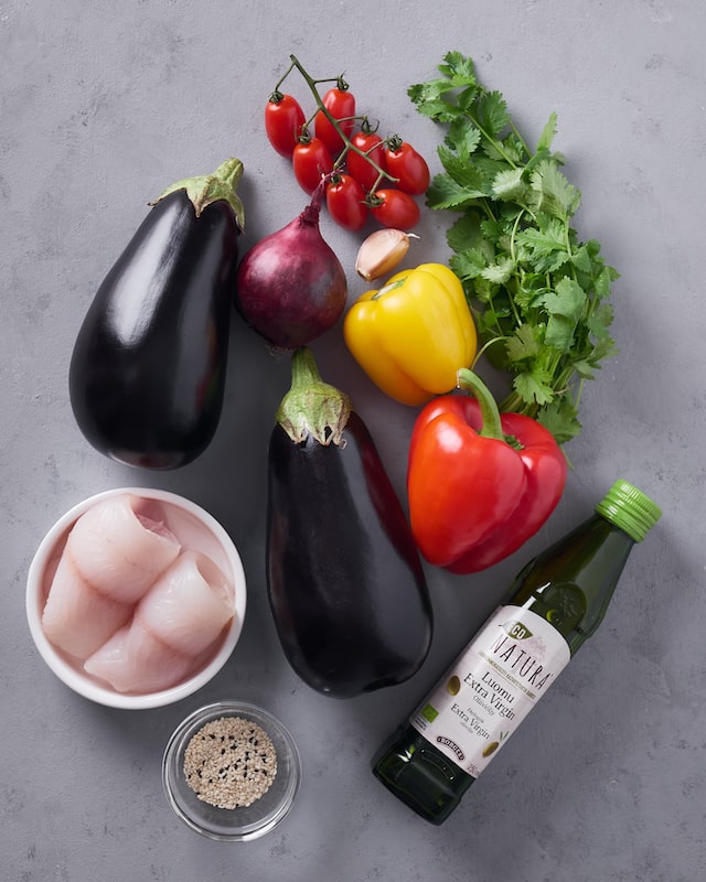 Vegetables, olive oil, and fish